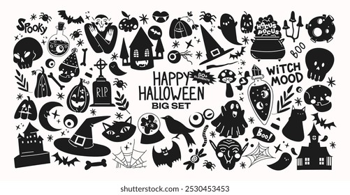 Halloween stickers and scary magic in cartoon style 90s. Vintage witchcraft pattern: skull, pumpkin, witch, ghosts, eye, potion. Spooky scary groovy shapes set.