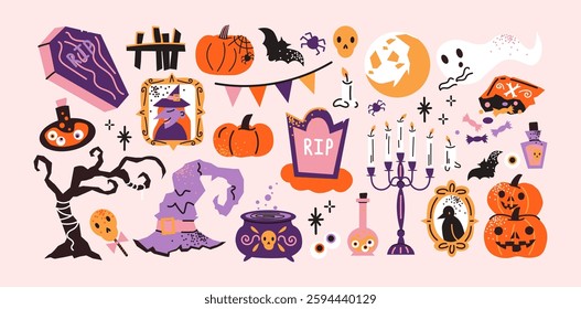 Halloween stickers and scary magic in cartoon style 90s. Vintage witchcraft shapes: skull, pumpkin, witch, ghosts, eye, potion. Spooky scary groovy patches set.