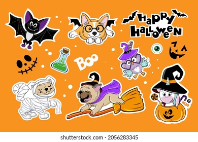 Halloween stickers set with bat, pumpink, pug dog and unicorn in Halloween costume.Vector cartoon illustration