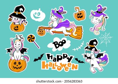 Halloween stickers set with bat, pumpink and unicorn in Halloween costume. Fashion patch badges. Vector cartoon illustration