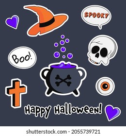 Halloween stickers set. Cartoon vector isolated illustration with witch hat, potion cauldron pot, cross, skull.	