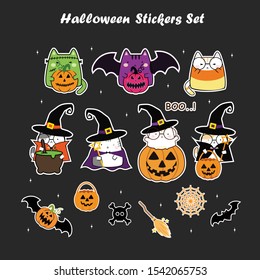 Halloween Stickers set Cat Costume Party. Vector Illustration. Kawaii Cute Cat.