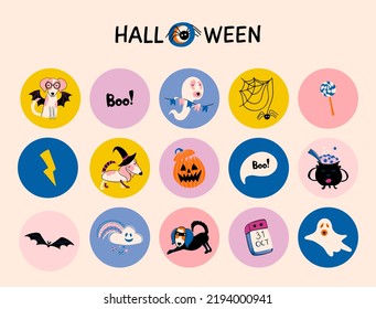 Halloween stickers set with cute elements in doodle style. Hand drawn icons with dogs in carnival costumes. Highlights covers, weekly planner. Vector illustration. 