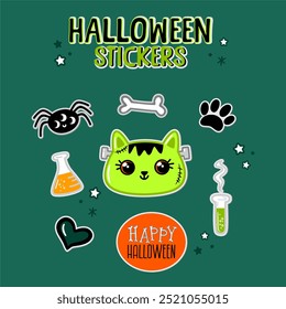 Conjunto de adesivos de Halloween. Ícones bonitos. Gatinho Frankenstein