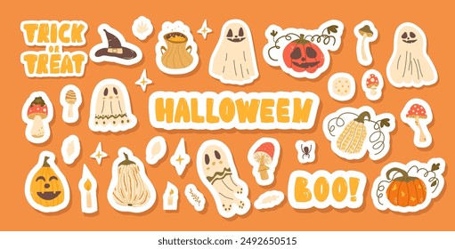 Halloween stickers set. Cute jack o lantern pumpkins, ghosts, hats and others kit. Collection of autumn festival elements and lettering. Vector hand drawn flat illustration isolated.