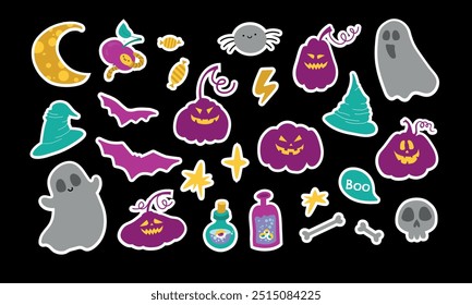 Halloween stickers set. Cute jack o lantern pumpkins, ghosts, hats and others kit. Collection of autumn festival elements. Vector hand drawn flat illustration isolated on a black background.