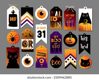 Conjunto de pegatinas de Halloween. Calabazas lindas, gato, monstruo y otros. Colección de Elementos y letras del festival de otoño. Vector dibujado a mano ilustración plana