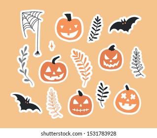Halloween stickers set. Design with pumpkins, spiders, bats and autumn leave