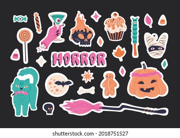 Halloween stickers set elements, hand drawn scary illustration. Cute badge collection with pink broom, spooky pumpkin, mummy and horror calligraphy. Creepy holiday symbols. Vector template background