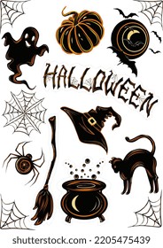 Halloween stickers set. Ghost, bat, moon, pumpkin, cobweb, spider, witch's broom, cauldron, hat, cat, inscription Halloween.  Vector illustration with transparent background. 
