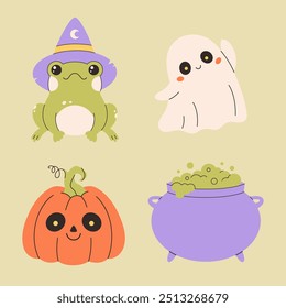 Halloween stickers set of ghost, pumpkin, frog and cauldron. Vector illustration in flat style
