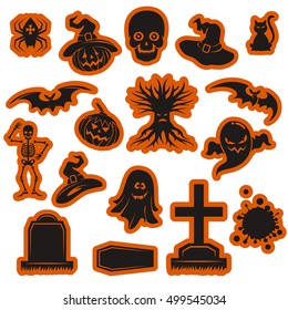 Halloween stickers set with ghosts, bats, headstones isolated on white. Vector illustration