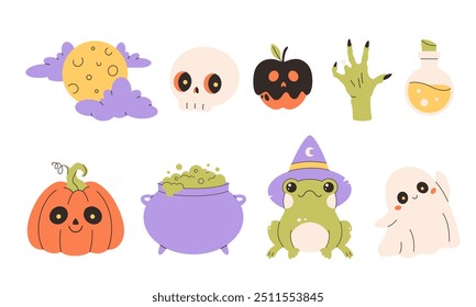 Halloween Aufkleber Set von Geistern, Kürbis, Tränke, Frosch, Vollmond, Zombie Hand, Kessel. Vektorgrafik im flachen Stil