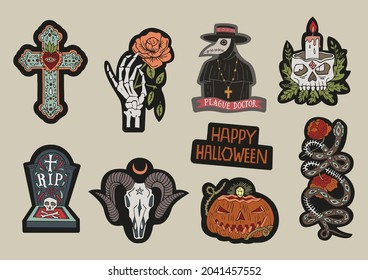 Halloween Stickers Set. Grave, Plague Doctor, Cross, Snake, Skeleton Hand, Sinister Pumpkin, Goat Skull, Flowers