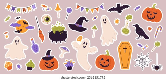 Halloween stickers set: hat, ghost, bat, candy, funny pumpkins, spiders. Perfect for scrapbooking, greeting card, party invitation, poster, tag. Hand drawn vector illustration.