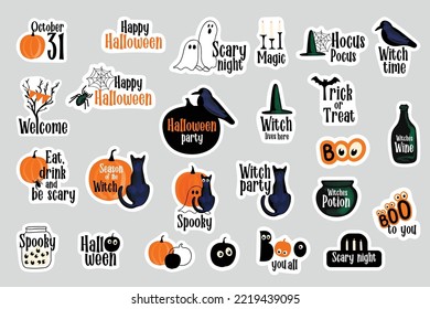 Halloween stickers set illustrration with black cat, pumpkins, ghosts, cobweb 