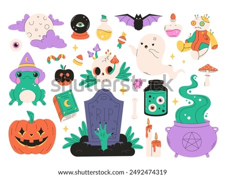 Halloween stickers set of mascots ghosts, pumpkins, gravestone, potions, spell book, frog, full moon, candies, eyes, bat. Vector illustration in flat style