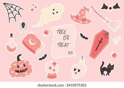 Halloween stickers set on pink background. Cute decor of magical elements in a simple naive style.Vector illustration