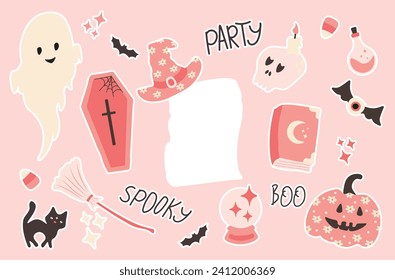 Halloween stickers set on pink background. Cute decor of magical elements in a simple naive style.Vector illustration