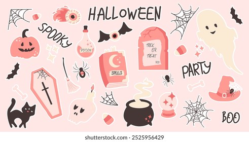 Pegatinas de Halloween sobre fondo rosa. Linda decoración de Elementos mágicos en un estilo simple e ingenuo. Para scrapbooking, tarjeta de felicitación, invitación de fiesta. Ilustración vectorial