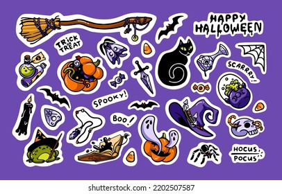 Halloween-Aufkleber, Pack. Spooky Cartoon Elemente für die Feiertage im Oktober. Helloween Typografie, Dekoration, Kürbis, Besen, Hexenhut, Kessel und Schädelbündel. Einzelne flache Vektorgrafiken