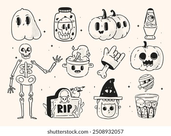 Conjunto de pegatinas de Halloween, paquete. Espeluznantes Elementos de dibujos animados para las vacaciones de octubre. Ilustración vectorial de moda.