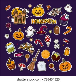 Halloween stickers set. Pumpkin, candy, ghost, witches hat, castle, spider web and other traditional elements of Halloween. Different holiday doodle.