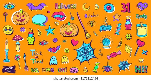 Halloween stickers set. Retro sketch. Patch badges set. Holiday doodles vector. Halloween pins. Pumpkin.  Autumn. Witch tools. Ghost. Spider web. Social media emoticons and icons bundle.