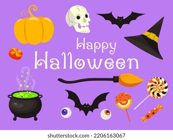 Halloween stickers set, trick or treat prints. Skull, pot of potion, candy, lollipop, eyes, witch hat, bat, broom, pumpkin flat cartoon vector illustration.