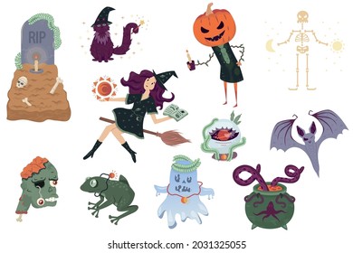 Halloween stickers set. Vector illustration of a witch, cat, undead, pumpkin, magic ball for banner, logo, icon.