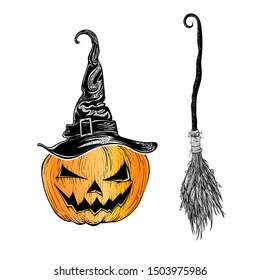 Halloween stickers. Set of vector illustrations for all saints ' day. Witch hat, pumpkin and magic broom. Magic items, witchcraft. Print on a t-shirt, Souvenirs.