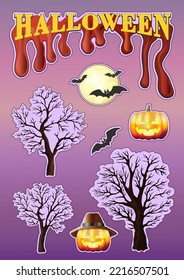 Halloween stickers. Sticker with the inscription HALLOWEEN, stickers with pumpkin, trees, moon and bats on a purple background. October 31st. Vector illustration.