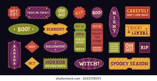 Halloween stickers and tickets with text and dark holiday patterns. Party announces, trick or treat and scary messages. Vector design element set.