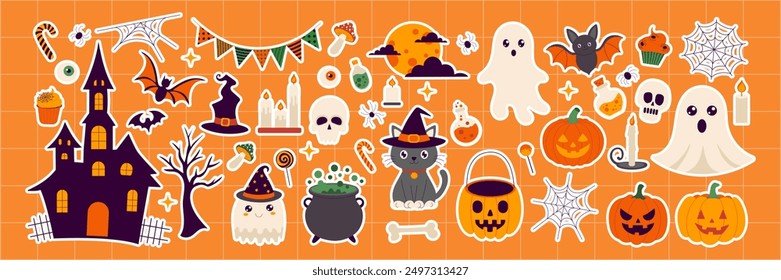 Halloween stickers with a variety of spooky and cute characters. The stickers include a pumpkin, a cat, a witch, a ghost, a bat, a skeleton, and a pumpkin with a scary face