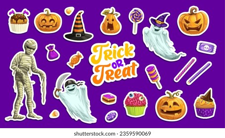 Halloween stickers of vector pumpkins, witch hat, spooky ghosts and mummy characters. Cartoon Halloween holiday trick or treat candies, cakes and lollipops, cupcakes with zombie monster brain and eyes