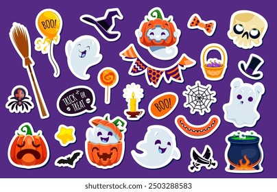 Halloween stickers vector set. Cute cartoon ghosts, broomstick, witch hat and cauldron. Bow tie, skull, balloon, flag garland and spider. Pumpkin jack lantern, monster mouth and cobweb with candle