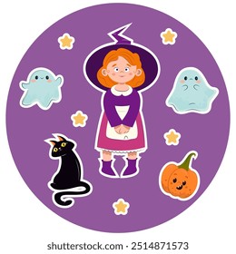 Halloween stickers witch, cat, pumpkin, ghosts. Vector graphics