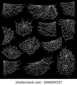 Halloween sticky cobweb and spider web, vector cartoon icons. Halloween holiday spiderwebs and scary nets on corners on black background, horror night party spooky cobwebs silhouettes