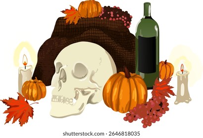 Halloween natureza com elementos tradicionais, incluindo um crânio, abóboras, velas, uvas, folhas de bordo e vinho, arranjado em um cenário dramático e artístico