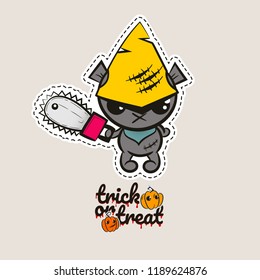 Halloween stitch bear zombie voodoo doll. Evil sewing monster. Cute colored vector halftone sticker sketch. Cartoon angry killer character. Trick or treat pumpkins.