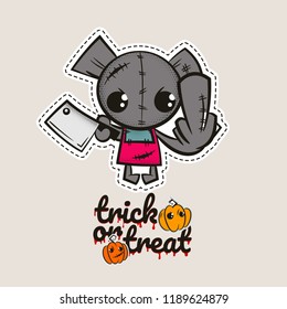 Halloween stitch bear zombie voodoo doll. Evil sewing monster. Cute colored vector halftone sticker sketch. Cartoon angry killer character. Trick or treat pumpkins.