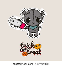 Halloween stitch bear zombie voodoo doll. Evil sewing monster. Cute colored vector halftone sticker sketch. Cartoon angry killer character. Trick or treat pumpkins.