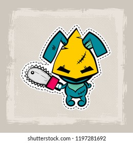 Halloween stitch bunny, rabbit zombie voodoo doll. Evil sewing monster. Cute colored vector halftone sticker sketch. Cartoon angry killer character.