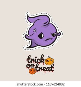 Halloween stitch ghost, phantom zombie voodoo doll. Evil sewing monster. Cute colored vector halftone sticker sketch. Cartoon angry killer character. Trick or treat pumpkins.