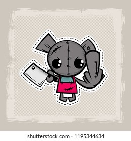 Halloween stitch zombie bear voodoo doll. Evil sewing monster. Cute colored vector halftone sticker sketch. Cartoon angry killer character.