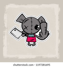 Halloween stitch zombie bear voodoo doll. Evil sewing monster. Cute colored vector halftone sticker sketch. Cartoon angry killer character.