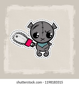 Halloween stitch zombie bear voodoo doll. Evil sewing monster. Cute colored vector halftone sticker sketch. Cartoon angry killer character.