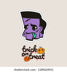 Halloween stitch zombie head voodoo doll. Evil sewing monster. Cute colored vector halftone sticker sketch. Cartoon angry killer character. Trick or treat pumpkins.