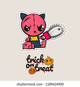 Halloween stitch zombie kitty voodoo doll. Evil cat sewing monster. Cute colored vector halftone sticker sketch. Cartoon angry killer character. Trick or treat pumpkins.