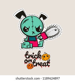 Halloween stitch zombie puppy voodoo doll. Evil dog sewing monster. Cute colored vector halftone sticker sketch. Cartoon angry killer character. Trick or treat pumpkins.